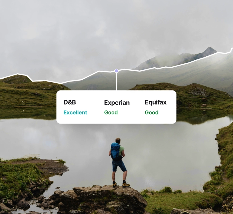 A hiker staring out at the distant mountains with a credit score tracker floating in the air
